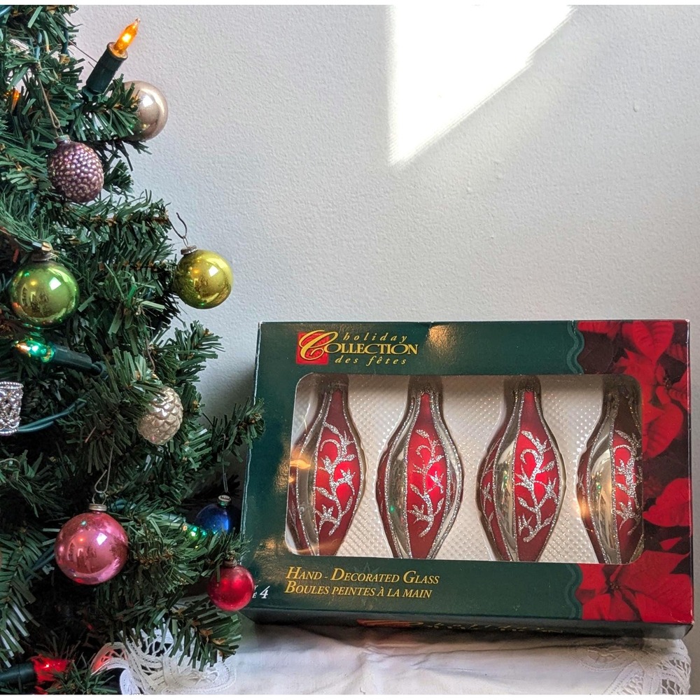 Vintage Hand Decorated Glass Christmas Ornaments Set of 4 in Original Box